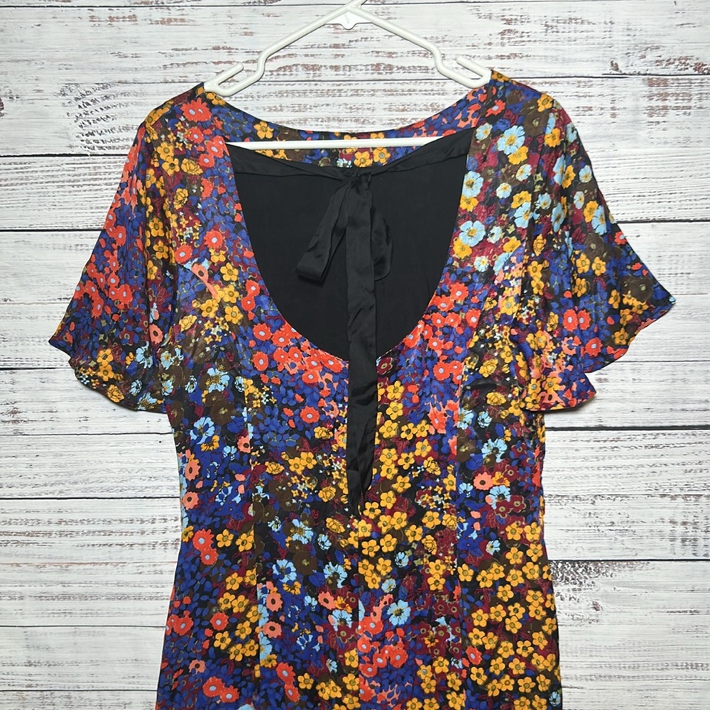 Anthropologie Ruffled Satin Mini Dress Floral Open Low Back Bow 12P - Picture 12 of 16